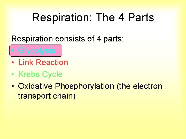 Respiration: The 4 Parts Respiration consists of 4 parts: • Glycolysis • Link Reaction