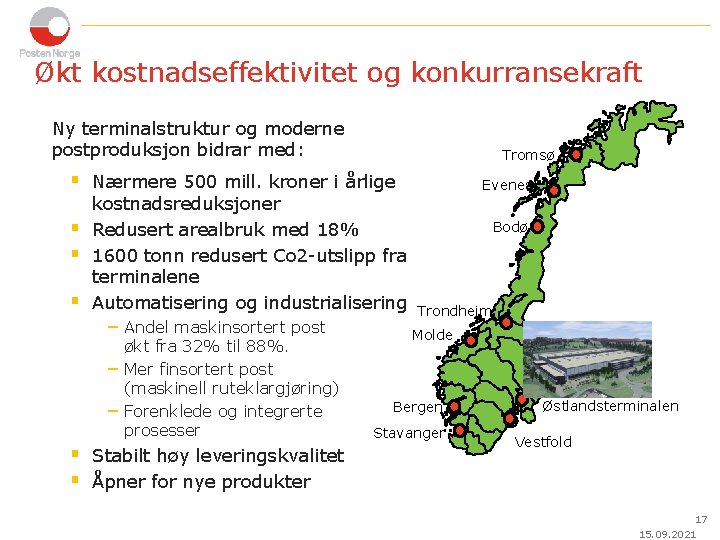 Økt kostnadseffektivitet og konkurransekraft Ny terminalstruktur og moderne postproduksjon bidrar med: Tromsø § Nærmere
