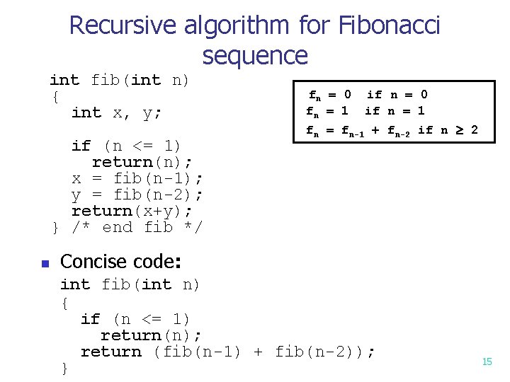 Recursive algorithm for Fibonacci sequence int fib(int n) { int x, y; if (n Recursive algorithm for Fibonacci sequence int fib(int n) { int x, y; if (n