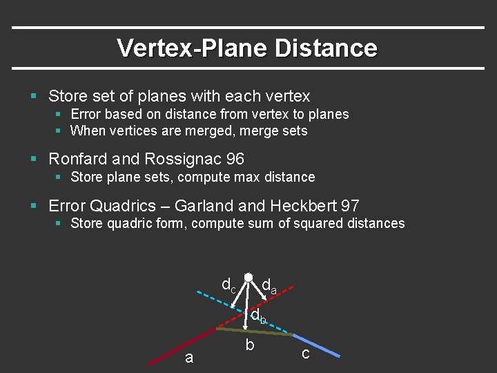 Vertex-Plane Distance § Store set of planes with each vertex § Error based on