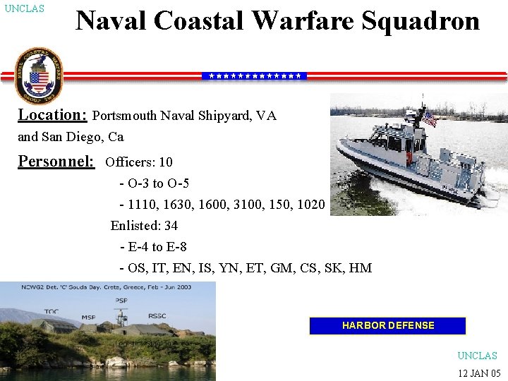 UNCLAS Naval Coastal Warfare Squadron Location: Portsmouth Naval Shipyard, VA and San Diego, Ca