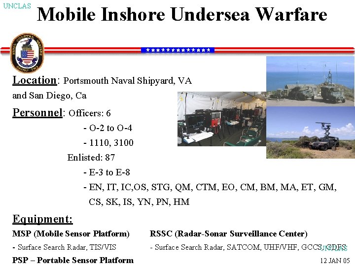 UNCLAS Mobile Inshore Undersea Warfare Location: Portsmouth Naval Shipyard, VA and San Diego, Ca