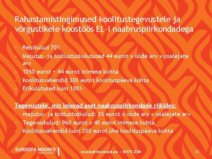 Rahastamistingimused koolitustegevustele ja võrgustikele koostöös EL-i naabruspiirkondadega - Reisikulud 70% - Majutus- ja toitlustuskulutused