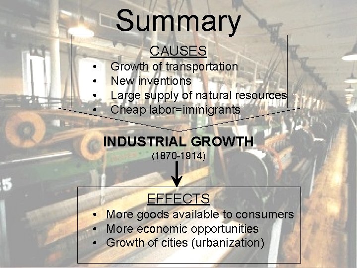 Summary CAUSES • • Growth of transportation New inventions Large supply of natural resources