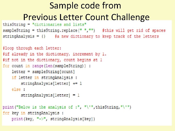 Sample code from Previous Letter Count Challenge 