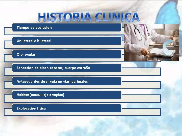 Tiempo de evolucion Unilateral o bilateral Olor ocular Sensacion de picor, escozor, cuerpo extraño