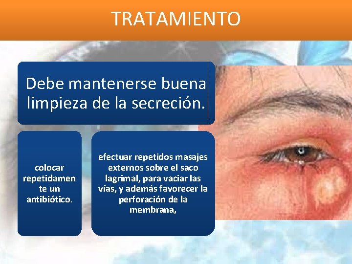 TRATAMIENTO Debe mantenerse buena limpieza de la secreción. colocar repetidamen te un antibiótico. efectuar