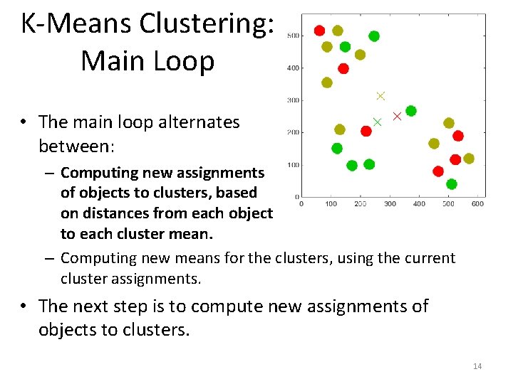 K-Means Clustering: Main Loop • The main loop alternates between: – Computing new assignments