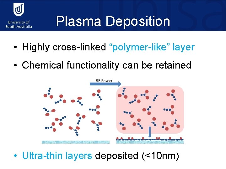 Plasma Deposition • Highly cross-linked “polymer-like” layer • Chemical functionality can be retained •