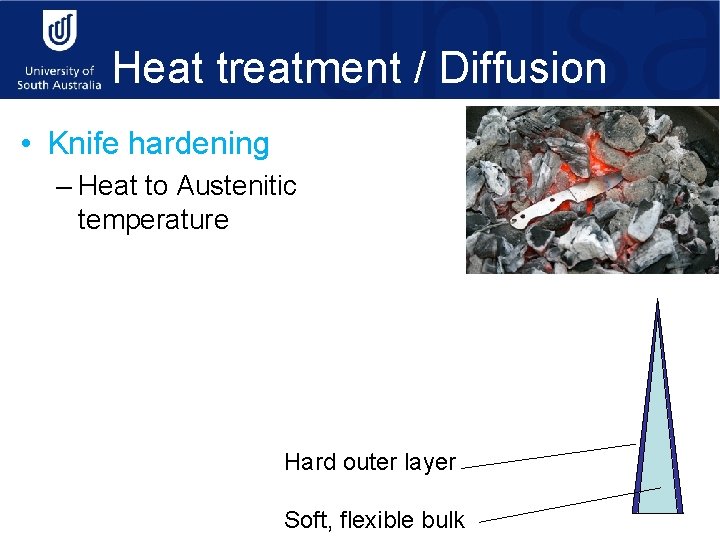 Heat treatment / Diffusion • Knife hardening – Heat to Austenitic temperature 1. Quench