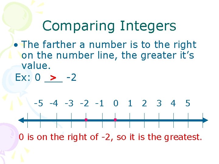Comparing Integers • The farther a number is to the right on the number