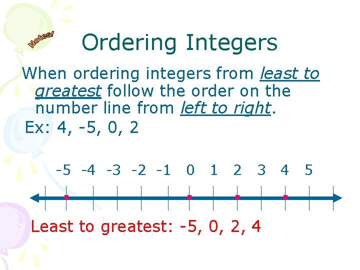 Ordering Integers When ordering integers from least to greatest follow the order on the