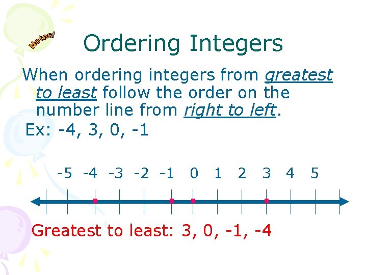 Ordering Integers When ordering integers from greatest to least follow the order on the