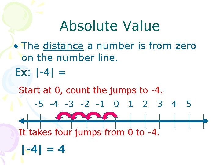 Absolute Value • The distance a number is from zero on the number line.