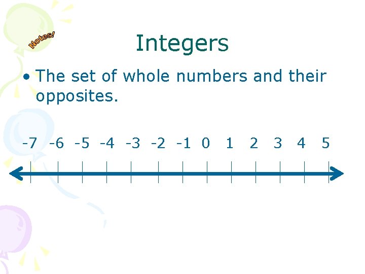 Integers • The set of whole numbers and their opposites. -7 -6 -5 -4