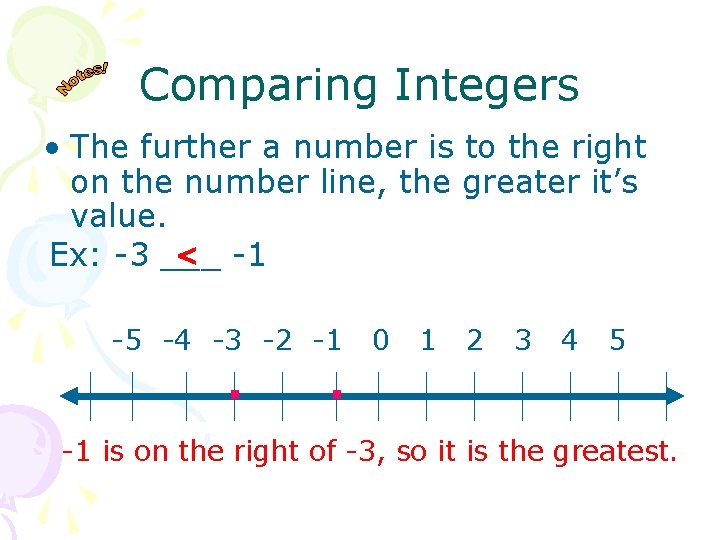 Comparing Integers • The further a number is to the right on the number