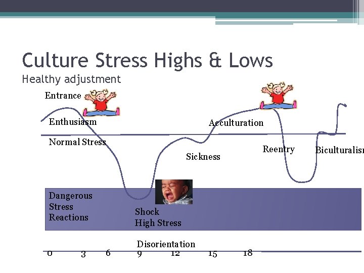 Culture Stress Highs & Lows Healthy adjustment Entrance Enthusiasm Acculturation Normal Stress Reentry Sickness