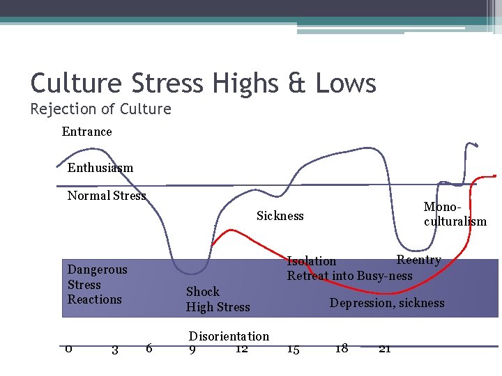 Culture Stress Highs & Lows Rejection of Culture Entrance Enthusiasm Normal Stress Monoculturalism Sickness