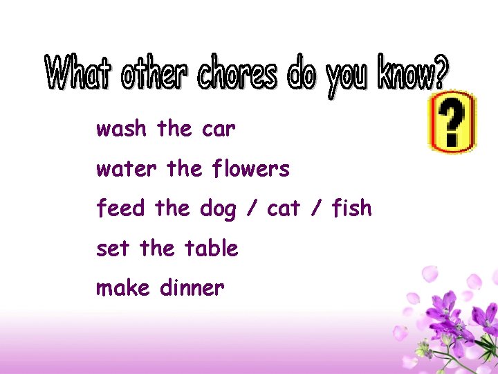 wash the car water the flowers feed the dog / cat / fish set