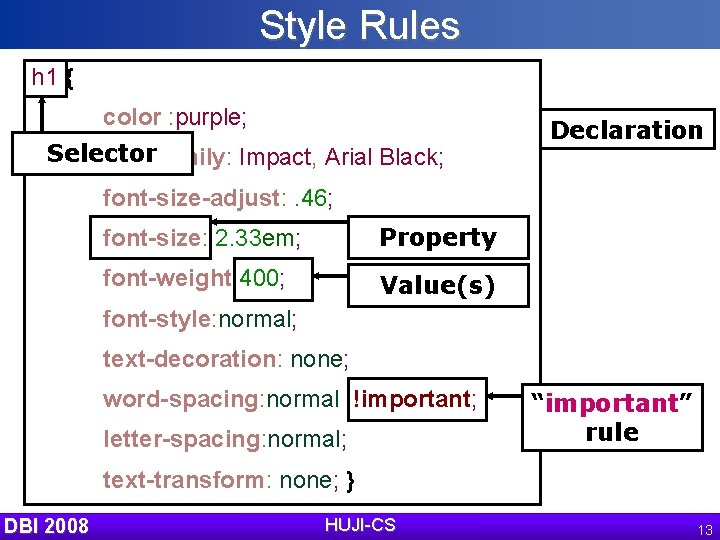 Style Rules h 1 { color : purple; Selector font-family: Impact, Arial Black; Declaration