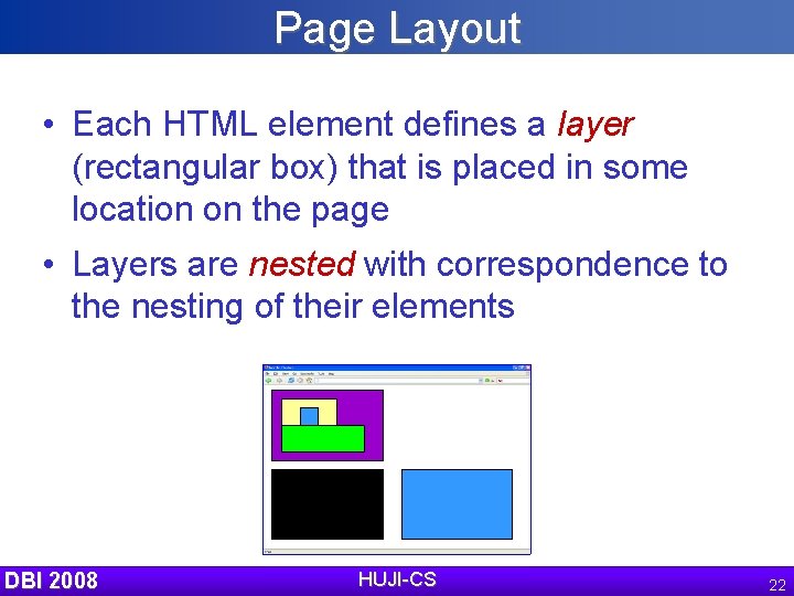 Page Layout • Each HTML element defines a layer (rectangular box) that is placed