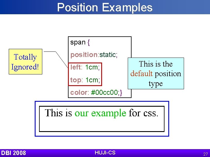 Position Examples span { Totally Ignored! position: static; left: 1 cm; top: 1 cm;