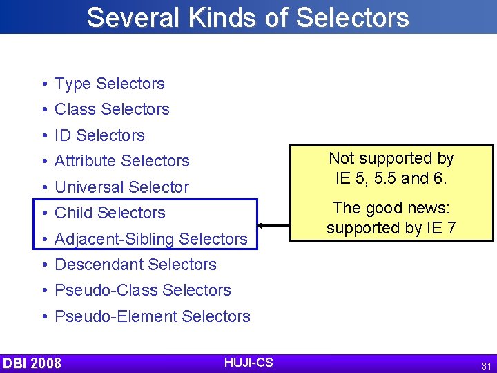 Several Kinds of Selectors • Type Selectors • Class Selectors • ID Selectors Not