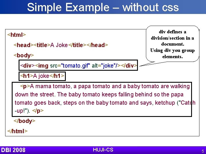 Simple Example – without css <html> <head><title>A Joke</title></head> <body> div defines a division/section in