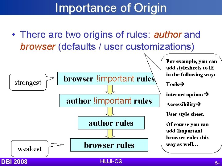 Importance of Origin • There are two origins of rules: author and browser (defaults