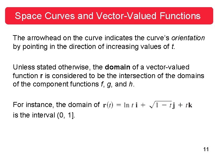 Space Curves and Vector-Valued Functions The arrowhead on the curve indicates the curve’s orientation