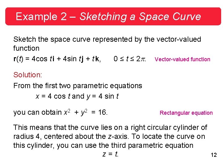 Example 2 – Sketching a Space Curve Sketch the space curve represented by the