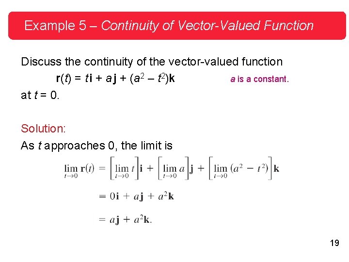 Example 5 – Continuity of Vector-Valued Function Discuss the continuity of the vector-valued function