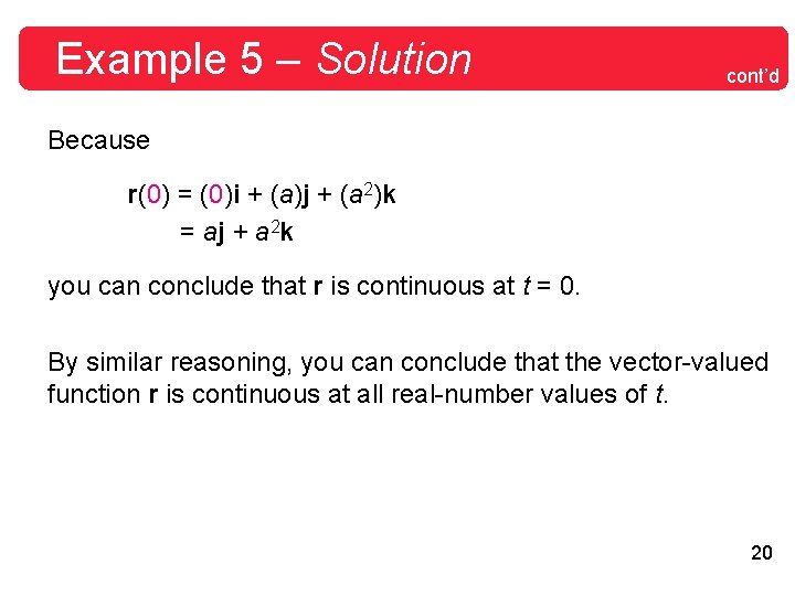 Example 5 – Solution cont’d Because r(0) = (0)i + (a)j + (a 2)k