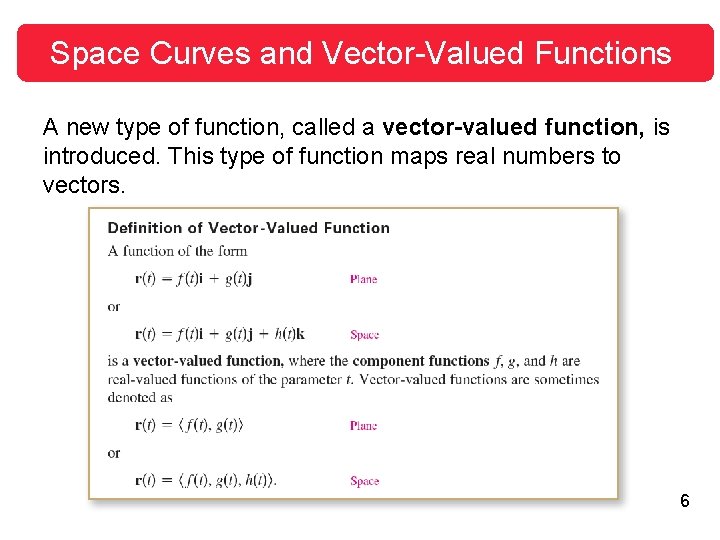 Space Curves and Vector-Valued Functions A new type of function, called a vector-valued function,