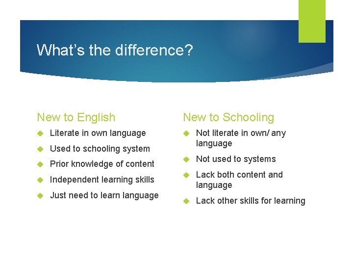 What’s the difference? New to English Literate in own language Used to schooling system