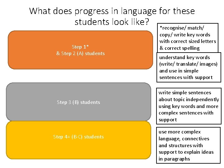 What does progress in language for these students look like? *recognise/ match/ Step 1*