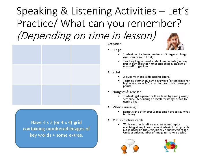 Speaking & Listening Activities – Let’s Practice/ What can you remember? (Depending on time