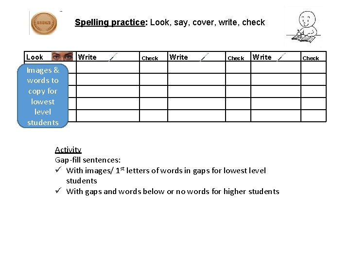 Spelling practice: Look, say, cover, write, check Look Write Check Write Images & words