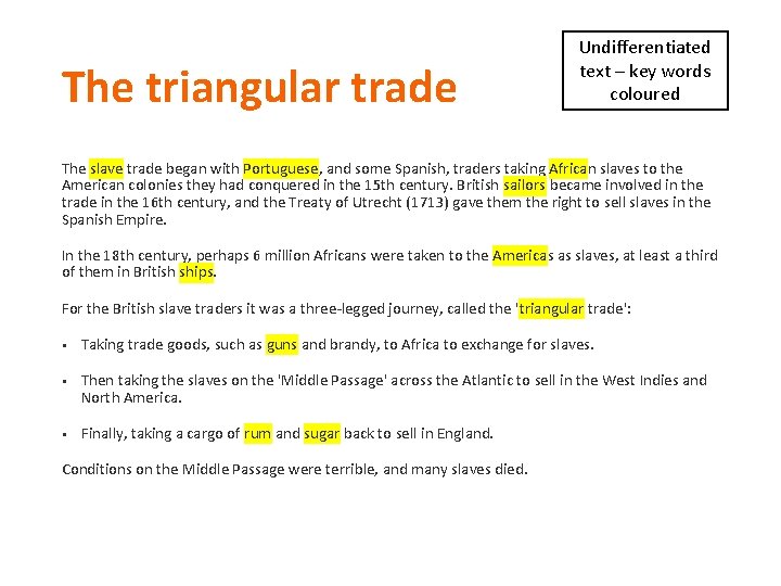 The triangular trade Undifferentiated text – key words coloured The slave trade began with