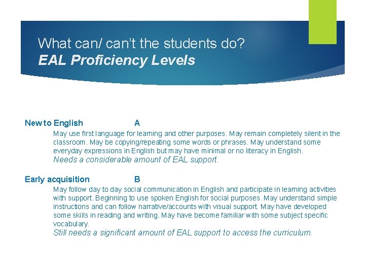 What can/ can’t the students do? EAL Proficiency Levels New to English A May