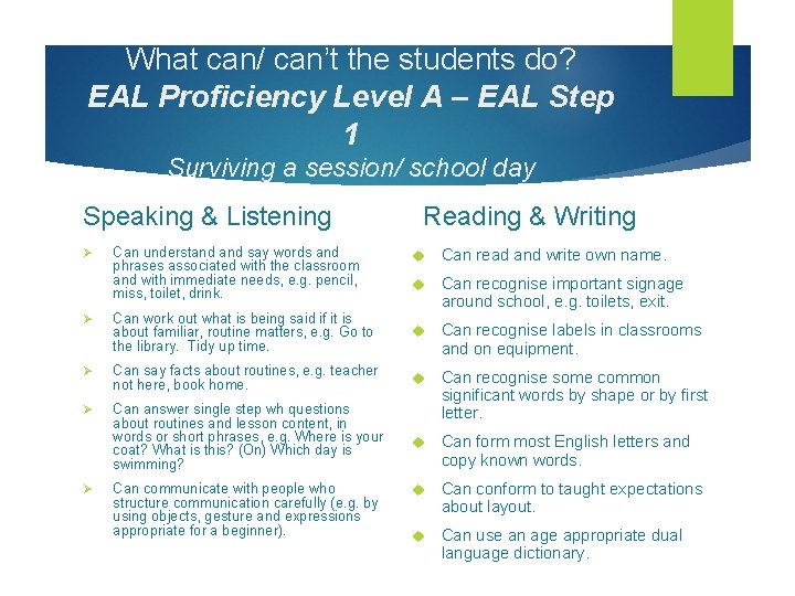 What can/ can’t the students do? EAL Proficiency Level A – EAL Step 1