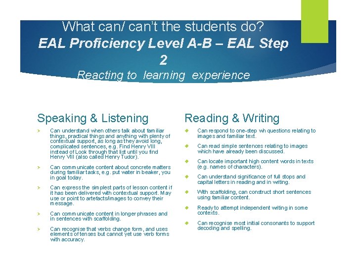 What can/ can’t the students do? EAL Proficiency Level A-B – EAL Step 2