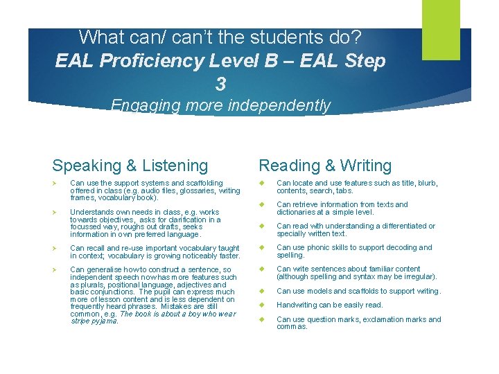 What can/ can’t the students do? EAL Proficiency Level B – EAL Step 3