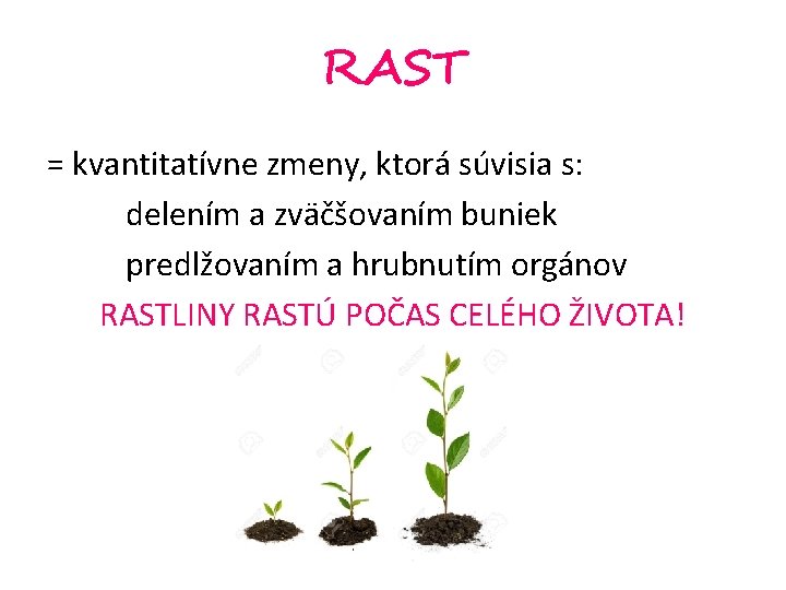 RAST = kvantitatívne zmeny, ktorá súvisia s: delením a zväčšovaním buniek predlžovaním a hrubnutím