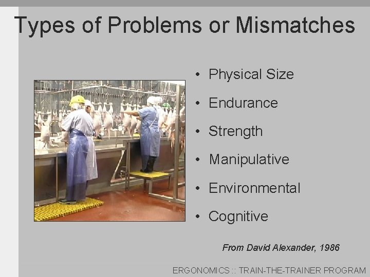 Types of Problems or Mismatches • Physical Size • Endurance • Strength • Manipulative