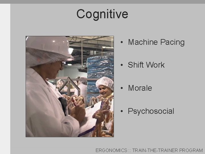 Cognitive • Machine Pacing • Shift Work • Morale • Psychosocial ERGONOMICS : :