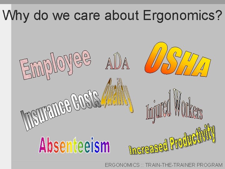 Why do we care about Ergonomics? ERGONOMICS : : TRAIN-THE-TRAINER PROGRAM 