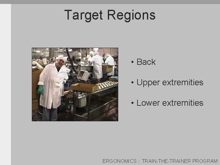 Target Regions • Back • Upper extremities • Lower extremities ERGONOMICS : : TRAIN-THE-TRAINER