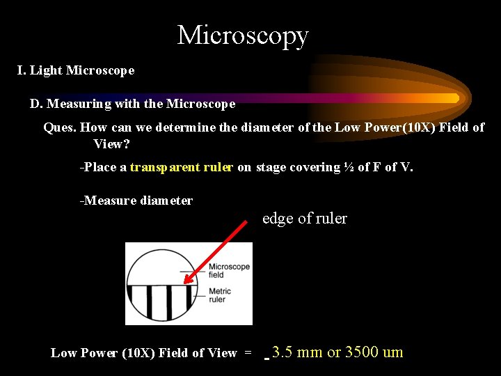 Microscopy I. Light Microscope D. Measuring with the Microscope Ques. How can we determine