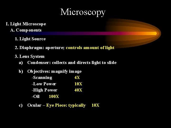 Microscopy I. Light Microscope A. Components 1. Light Source 2. Diaphragm: aperture; controls amount